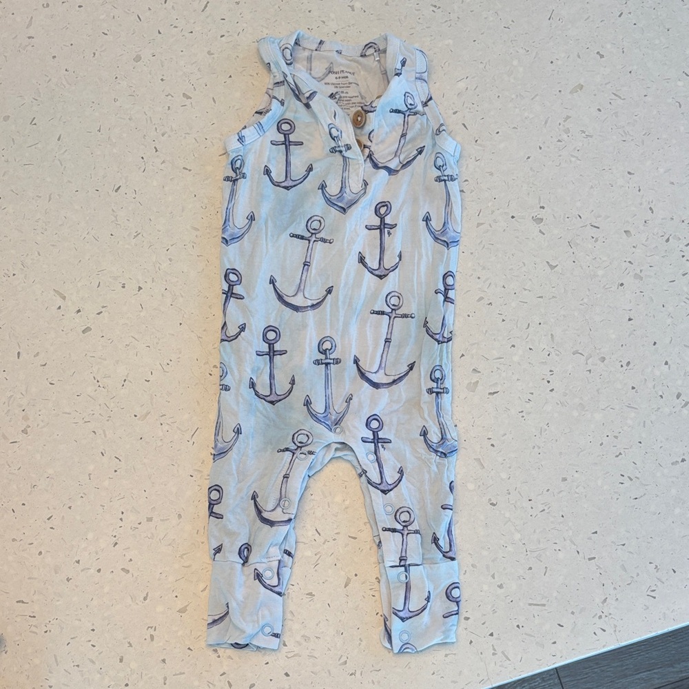 Posh Peanut Nautical Anchor Romper in Light Blue Sz 6-9mo